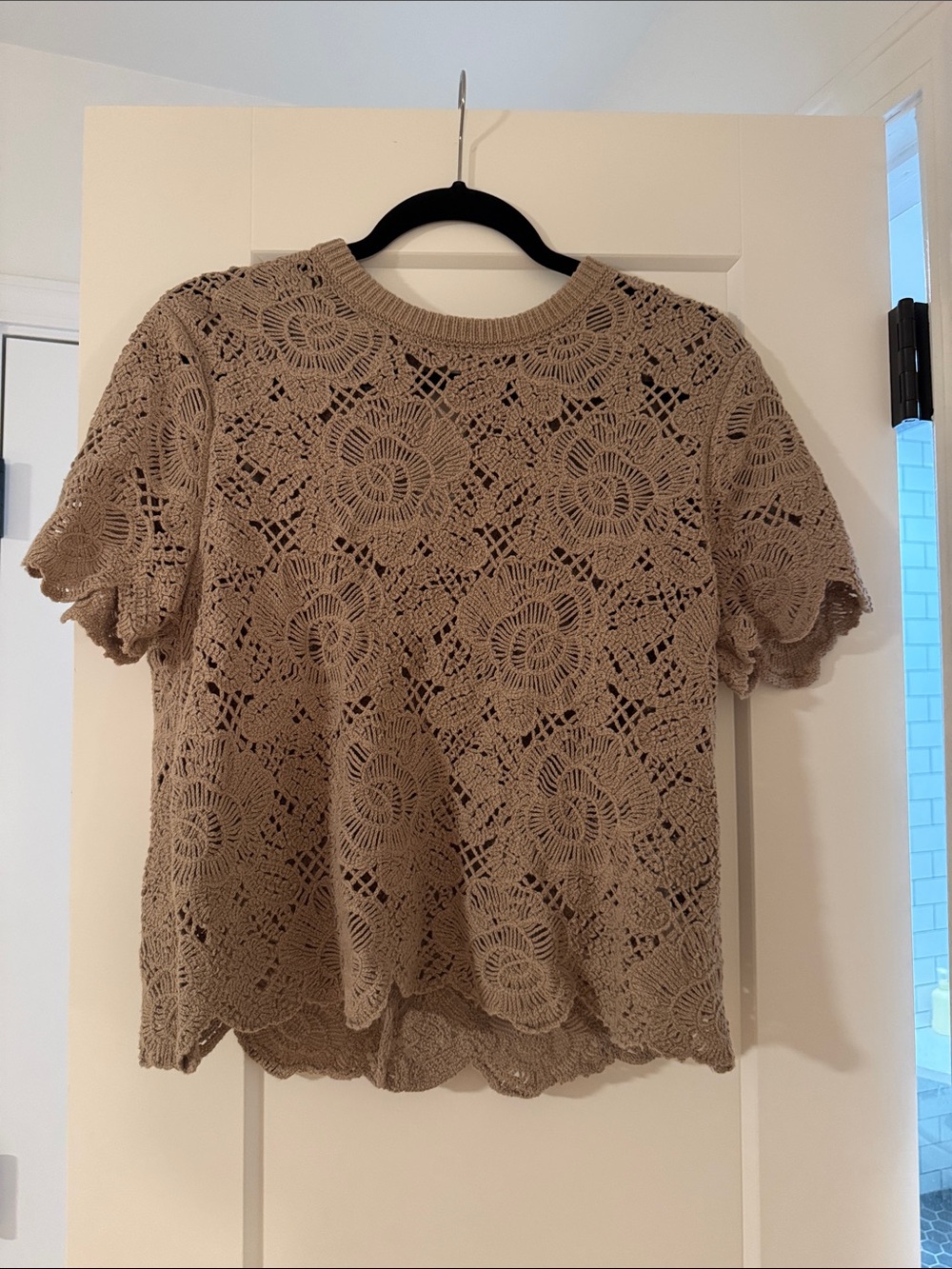 Abercrombie & Fitch Crochet Short-Sleeve Top in Taupe
